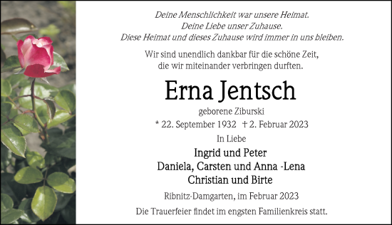 Traueranzeige von Erna Jentsch von Ostsee-Zeitung GmbH
