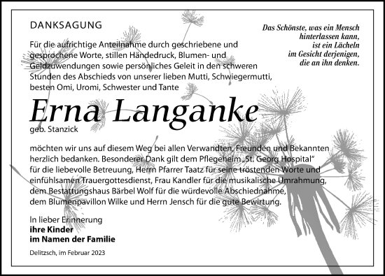 Traueranzeige von Erna Langanke von Leipziger Volkszeitung