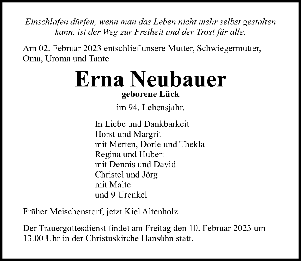  Traueranzeige für Erna Neubauer vom 07.02.2023 aus Lübecker Nachrichten