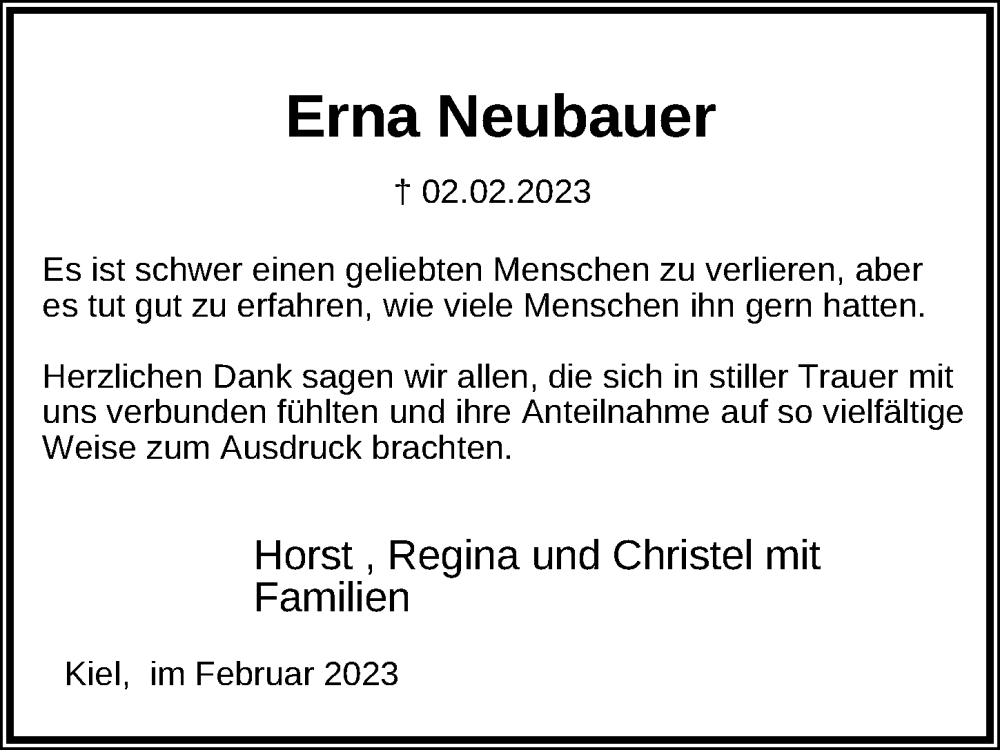  Traueranzeige für Erna Neubauer vom 25.02.2023 aus Lübecker Nachrichten