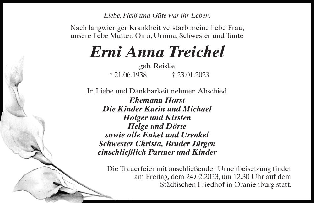  Traueranzeige für Erni Anna Treichel vom 18.02.2023 aus Märkischen Allgemeine Zeitung