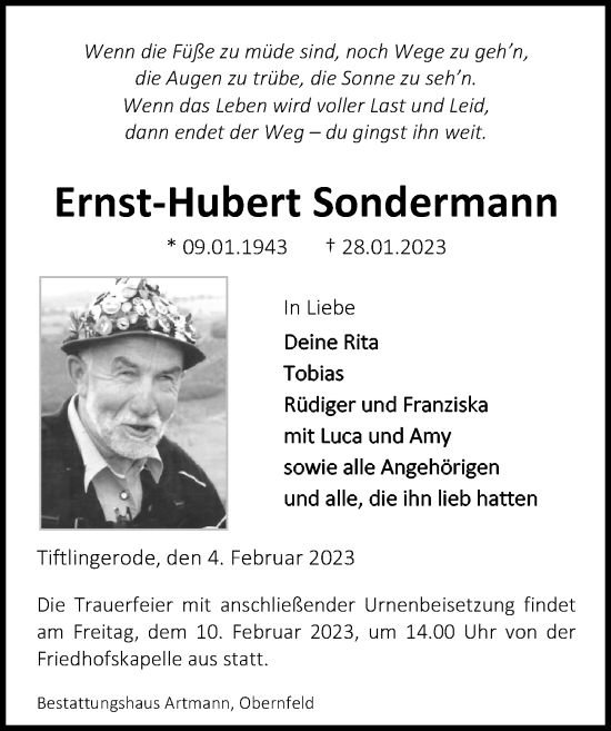 Traueranzeige von Ernst-Hubert Sondermann von Eichsfelder Tageblatt