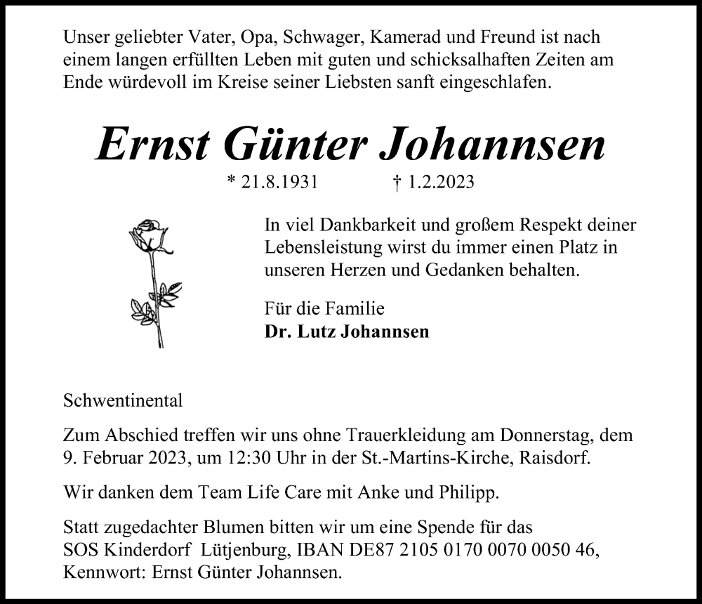 Traueranzeigen von Ernst Günter Johannsen | trauer-anzeigen.de