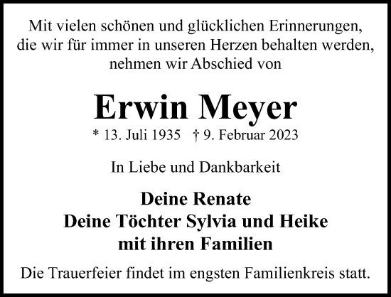 Traueranzeige von Erwin Meyer von Ostsee-Zeitung GmbH