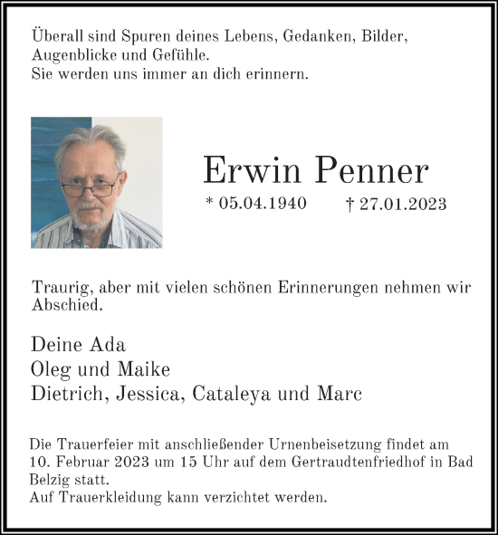 Traueranzeige von Erwin Penner von Märkischen Allgemeine Zeitung