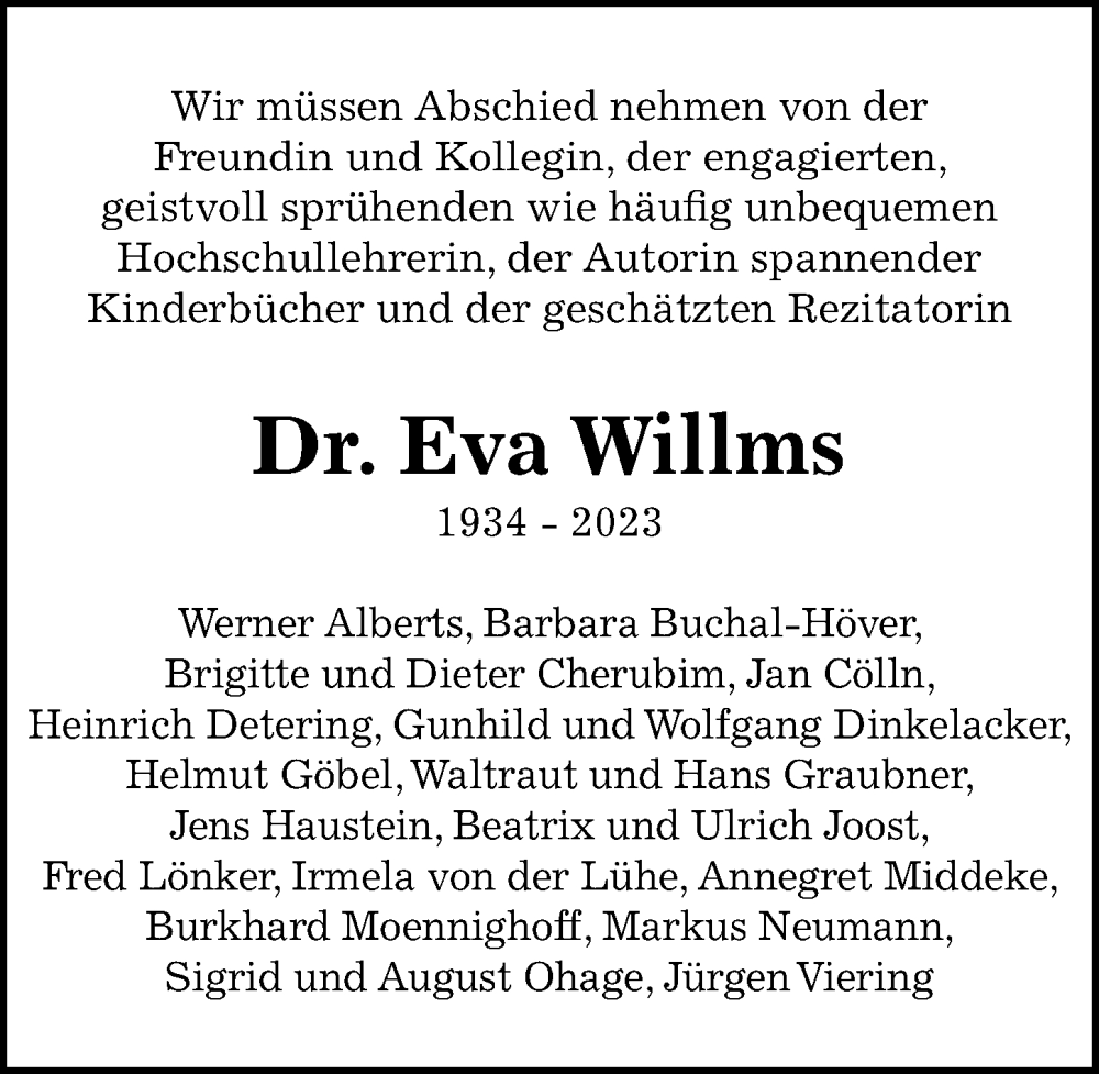  Traueranzeige für Eva Willms vom 11.02.2023 aus Göttinger Tageblatt