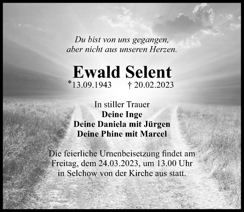  Traueranzeige für Ewald Selent vom 25.02.2023 aus Märkischen Allgemeine Zeitung