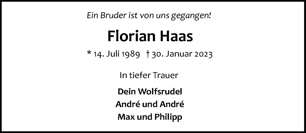  Traueranzeige für Florian Haas vom 05.02.2023 aus Lübecker Nachrichten