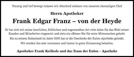 Traueranzeige von Frank Edgar Franz von der Heyde von Peiner Allgemeine Zeitung