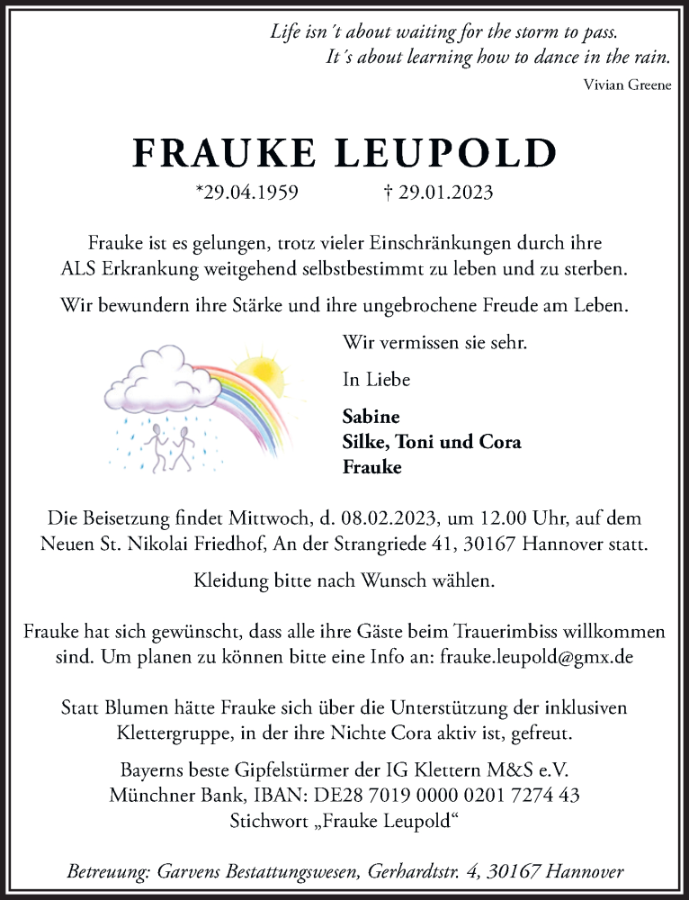  Traueranzeige für Frauke Leupold vom 01.02.2023 aus Hannoversche Allgemeine Zeitung/Neue Presse