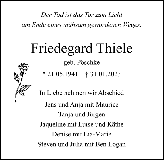 Traueranzeige von Friedegard Thiele von Lübecker Nachrichten