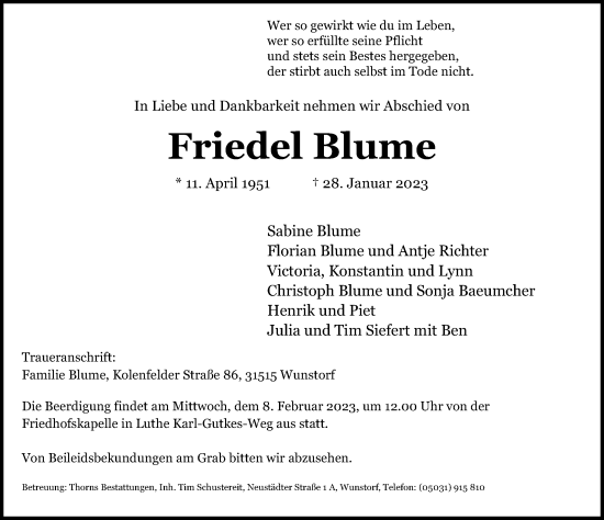 Traueranzeige von Friedel Blume von Hannoversche Allgemeine Zeitung/Neue Presse