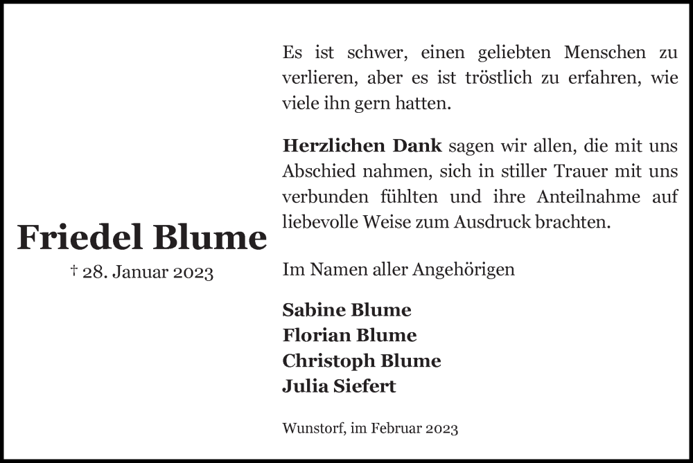  Traueranzeige für Friedel Blume vom 25.02.2023 aus Hannoversche Allgemeine Zeitung/Neue Presse