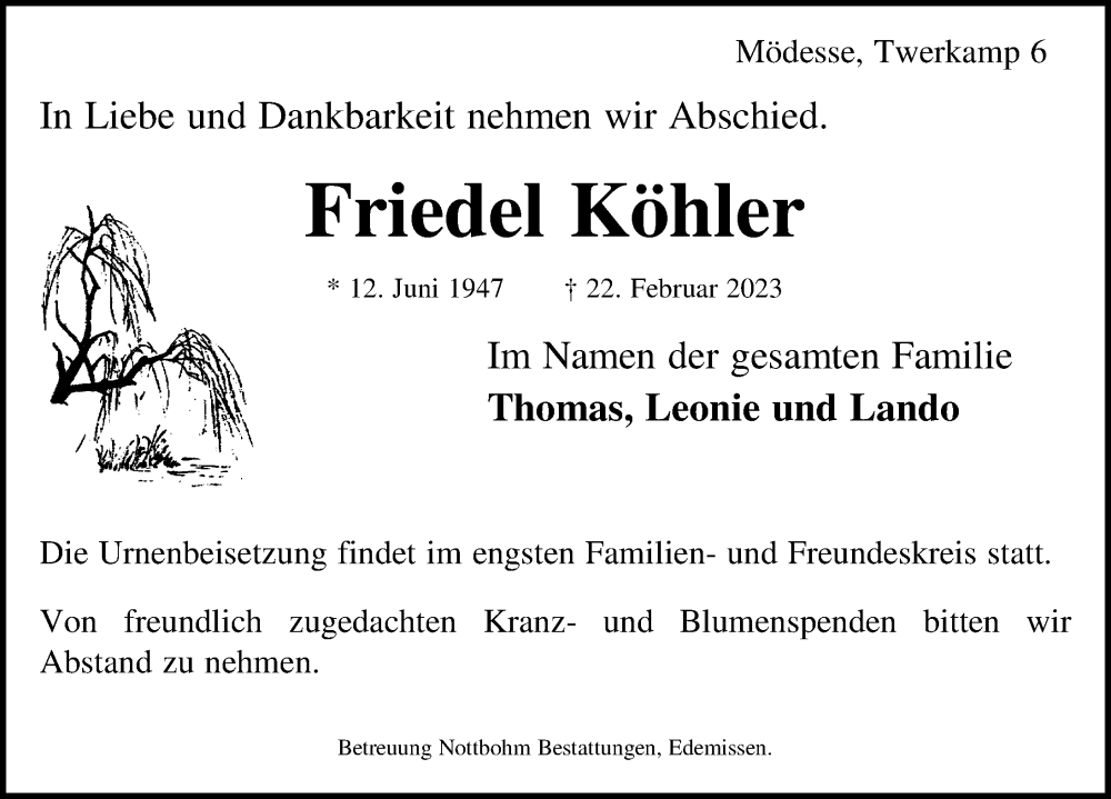  Traueranzeige für Friedel Köhler vom 25.02.2023 aus Peiner Allgemeine Zeitung