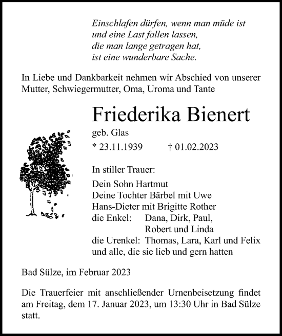 Traueranzeige von Friederika Bienert von Ostsee-Zeitung GmbH