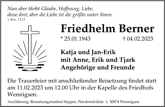 Traueranzeige von Friedhelm Berner von Hannoversche Allgemeine Zeitung/Neue Presse