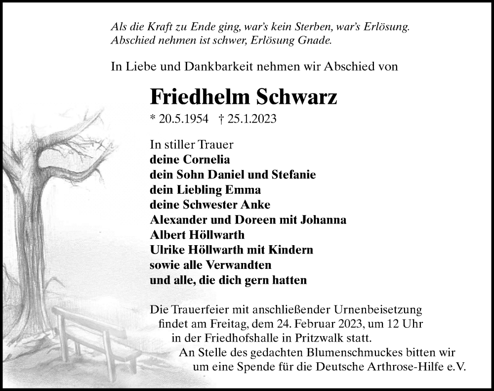  Traueranzeige für Friedhelm Schwarz vom 04.02.2023 aus Märkischen Allgemeine Zeitung