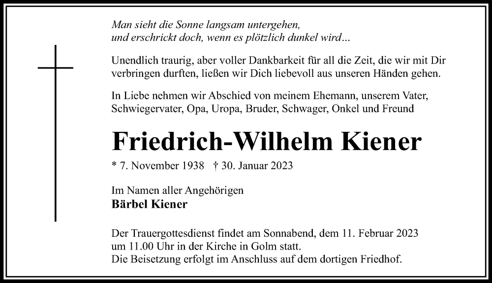  Traueranzeige für Friedrich-Wilhelm Kiener vom 04.02.2023 aus Märkischen Allgemeine Zeitung