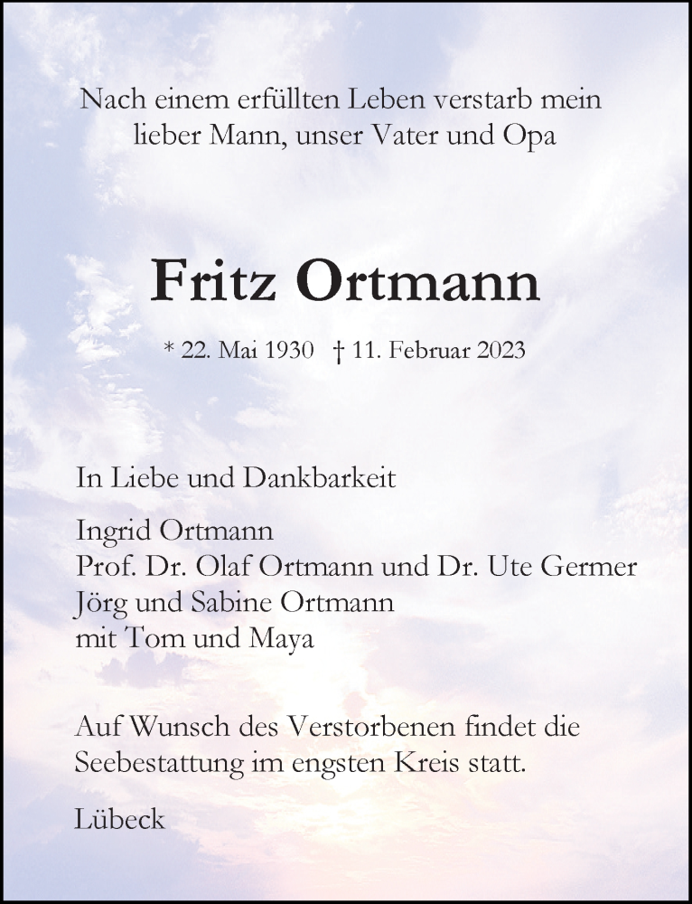 Traueranzeige für Fritz Ortmann vom 19.02.2023 aus Lübecker Nachrichten