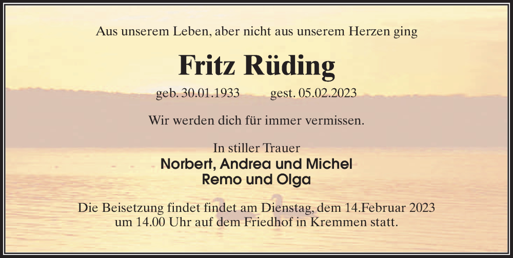  Traueranzeige für Fritz Rüding vom 10.02.2023 aus Märkischen Allgemeine Zeitung