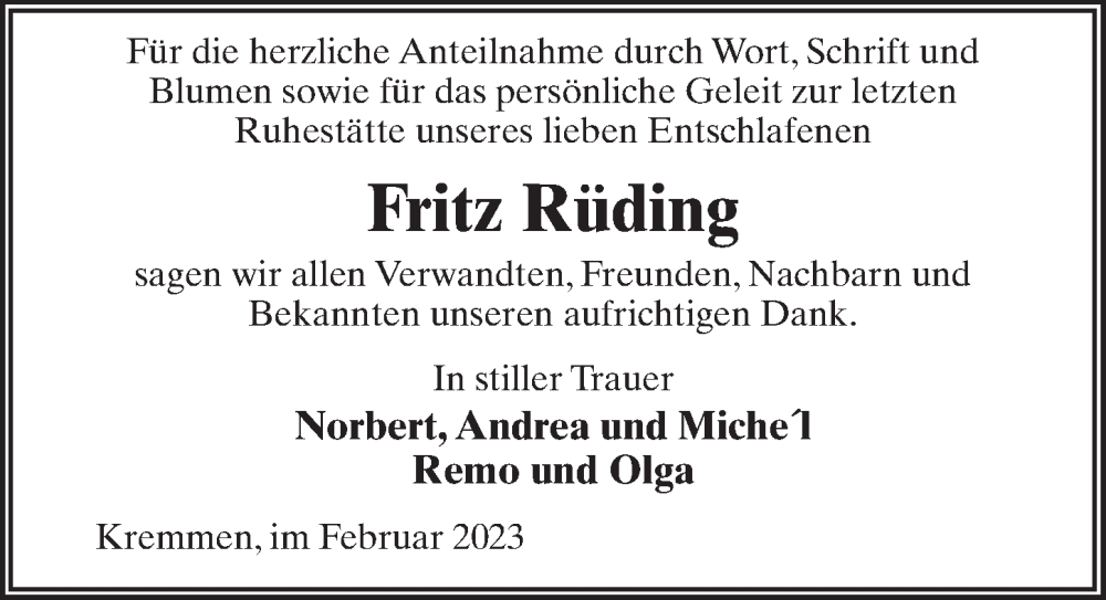  Traueranzeige für Fritz Rüding vom 18.02.2023 aus Märkischen Allgemeine Zeitung