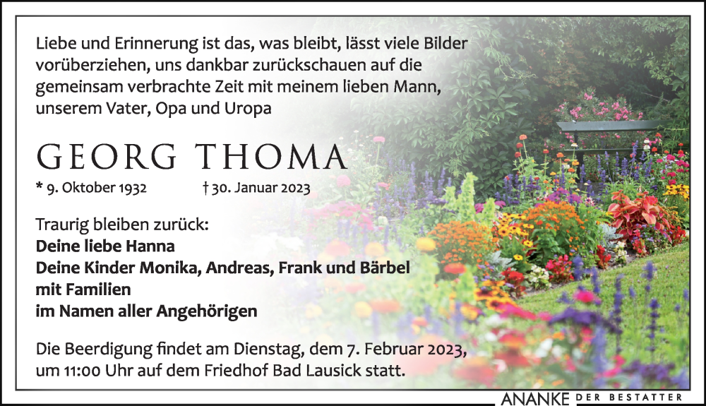  Traueranzeige für Georg Thoma vom 04.02.2023 aus Leipziger Volkszeitung