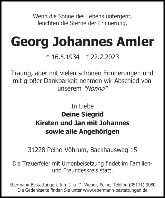Traueranzeige von Georg Johannes Amler von Peiner Allgemeine Zeitung