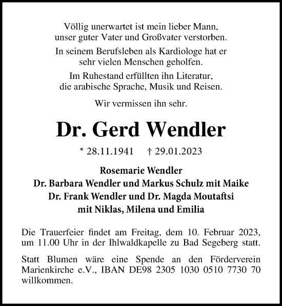 Traueranzeige von Gerd Wendler von Lübecker Nachrichten