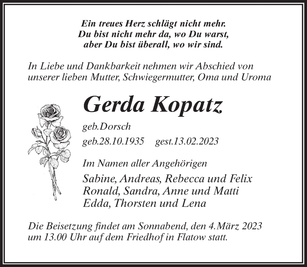  Traueranzeige für Gerda Kopatz vom 18.02.2023 aus Märkischen Allgemeine Zeitung