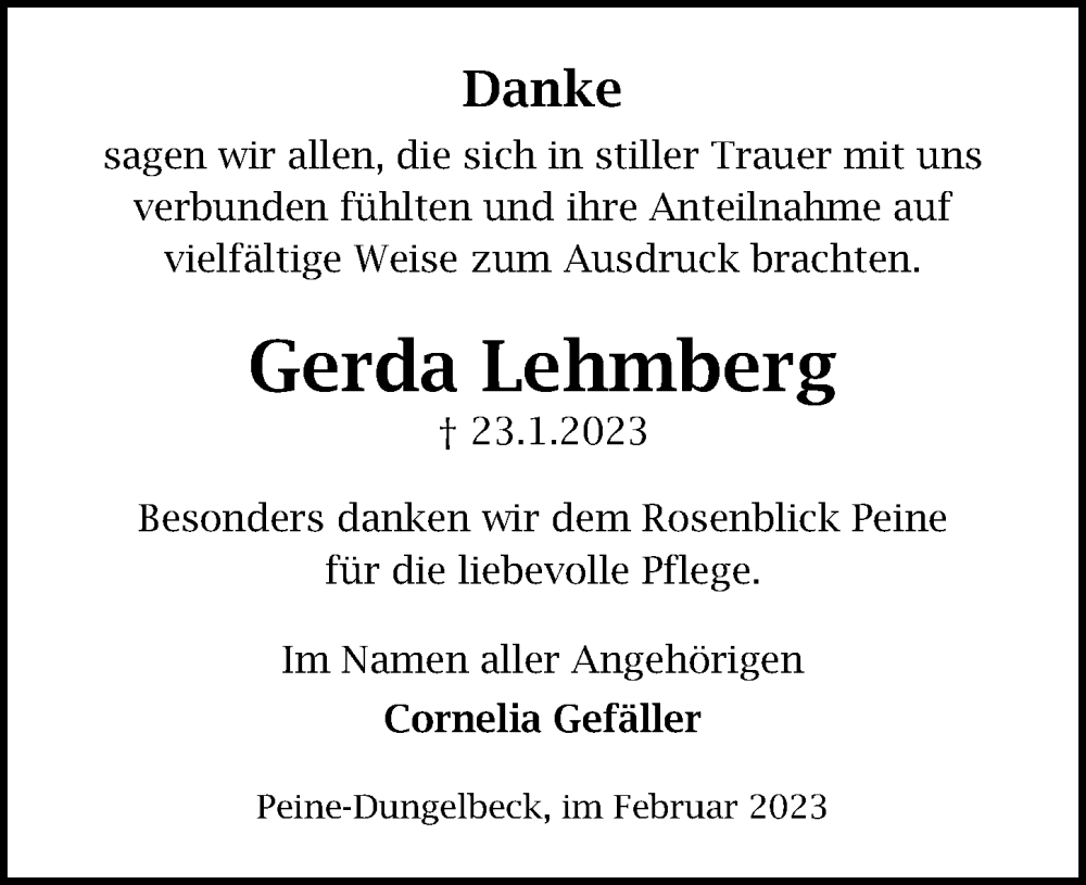  Traueranzeige für Gerda Lehmberg vom 18.02.2023 aus Peiner Allgemeine Zeitung
