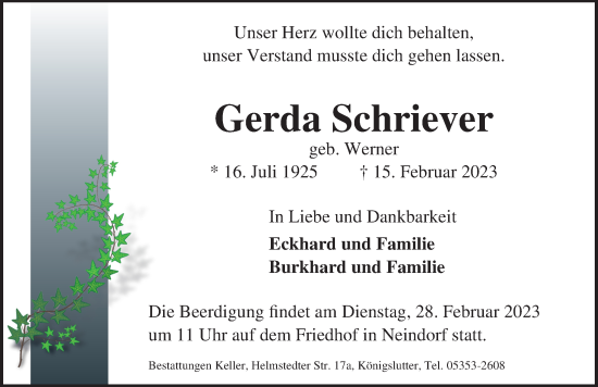 Traueranzeige von Gerda Schriever von Aller Zeitung