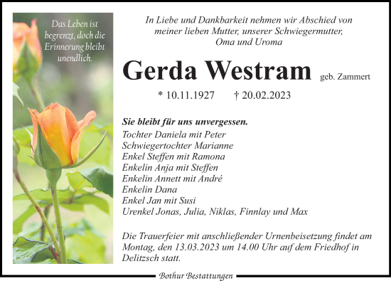 Traueranzeige von Gerda Westram von Leipziger Volkszeitung