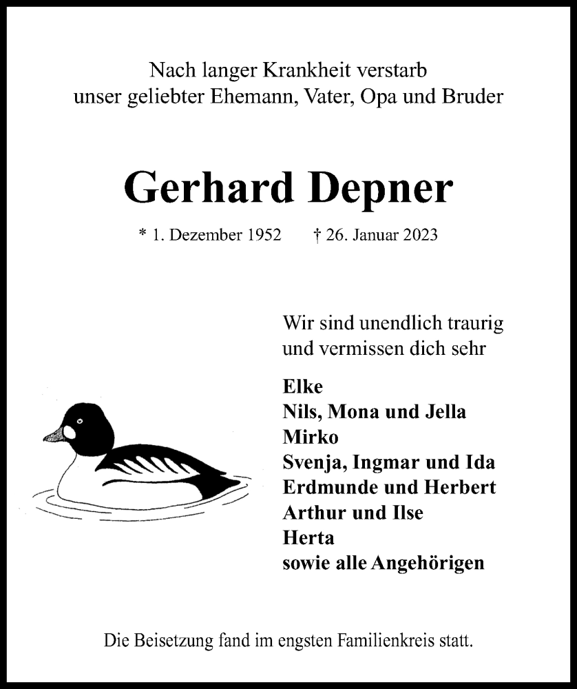  Traueranzeige für Gerhard Depner vom 04.02.2023 aus Kieler Nachrichten