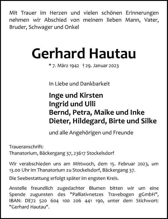 Traueranzeige von Gerhard Hautau von Lübecker Nachrichten