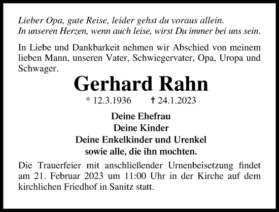 Traueranzeige von Gerhard Rahn von Ostsee-Zeitung GmbH