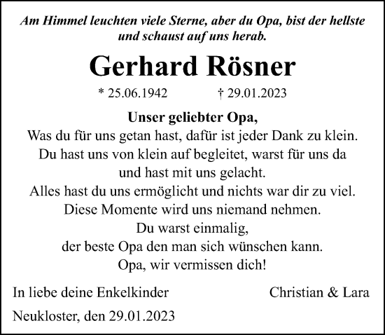 Traueranzeige von Gerhard Rösner von Ostsee-Zeitung GmbH