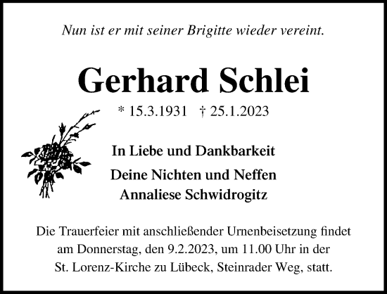 Traueranzeige von Gerhard Schlei von Lübecker Nachrichten