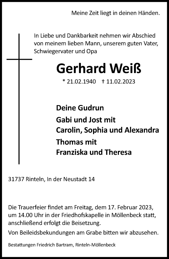  Traueranzeige für Gerhard Weiß vom 14.02.2023 aus Schaumburger Nachrichten