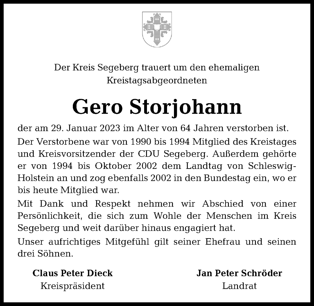  Traueranzeige für Gero Storjohann vom 08.02.2023 aus Kieler Nachrichten