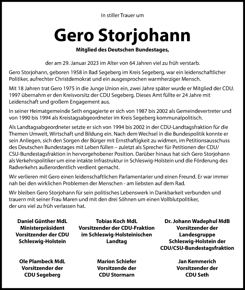  Traueranzeige für Gero Storjohann vom 04.02.2023 aus Kieler Nachrichten