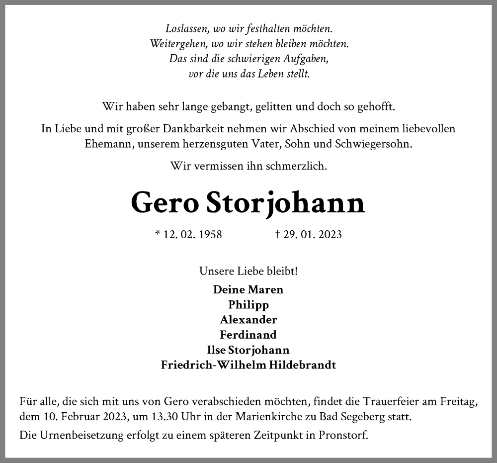  Traueranzeige für Gero Storjohann vom 02.02.2023 aus Kieler Nachrichten