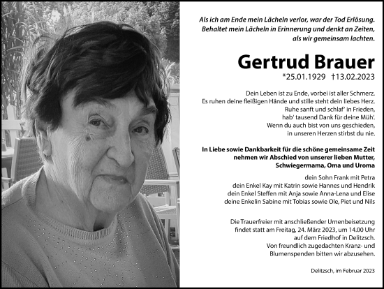 Traueranzeige von Gertrud Brauer von Leipziger Volkszeitung