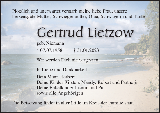 Traueranzeige von Gertrud Lietzow von Ostsee-Zeitung GmbH