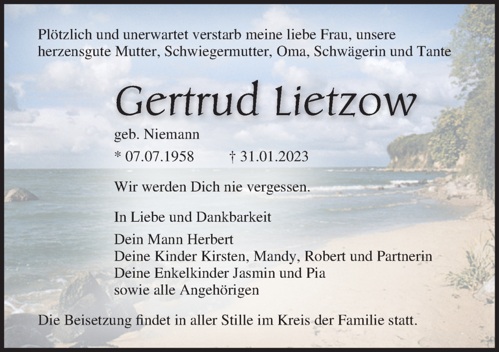  Traueranzeige für Gertrud Lietzow vom 18.02.2023 aus Ostsee-Zeitung GmbH