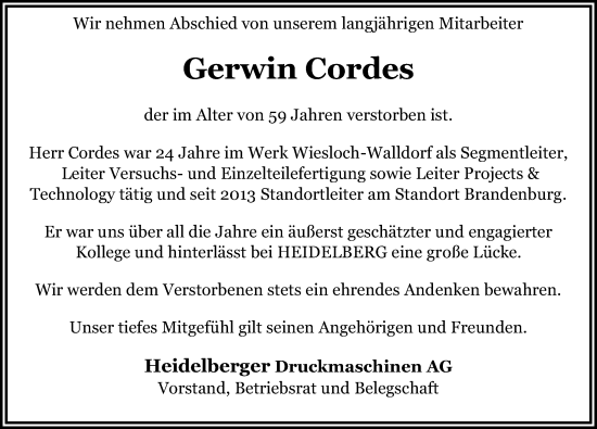 Traueranzeige von Gerwin Cordes von Märkischen Allgemeine Zeitung