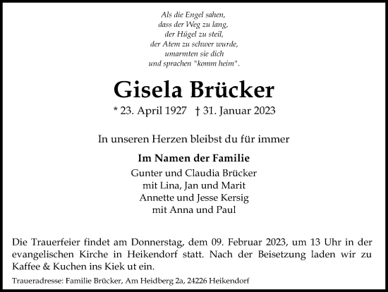 Traueranzeige von Gisela Brücker von Kieler Nachrichten