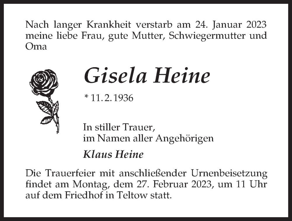 Traueranzeige für Gisela Heine vom 11.02.2023 aus Märkischen Allgemeine Zeitung