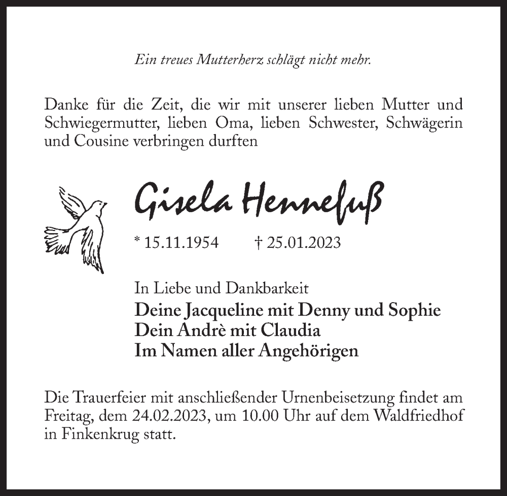  Traueranzeige für Gisela Hennefuß vom 04.02.2023 aus Märkischen Allgemeine Zeitung