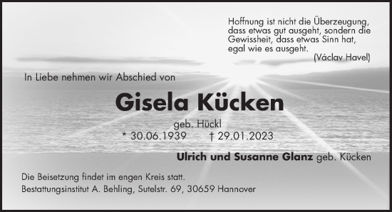 Traueranzeige von Gisela Kücken von Hannoversche Allgemeine Zeitung/Neue Presse