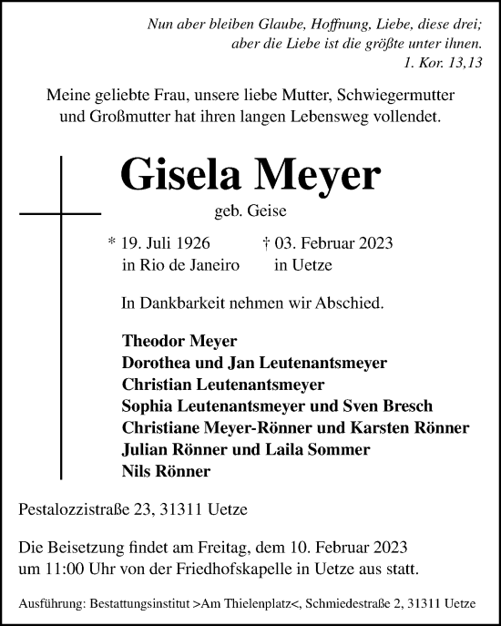 Traueranzeige von Gisela Meyer von Hannoversche Allgemeine Zeitung/Neue Presse